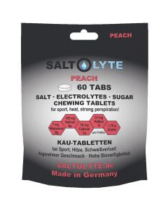 SALTOLYTE 60 Chewing Tablets Peach. Wohlschmeckende Kautabletten mit Salz, Elektrolyten und Zucker zur Wettkampf- und Trainings-Versorgung Made in Germany!