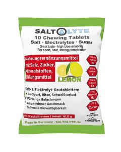 SALTOLYTE 10 Chewing Tablets Lemon im Sachet. Wohlschmeckende Kautabletten mit Salz, Elektrolyten und Zucker zur Wettkampf- und Trainings-Versorgung - Made in Germany!