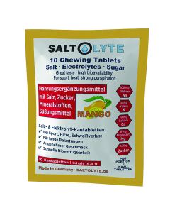 SALTOLYTE 10 Chewing Tablets Mango im Sachet. Wohlschmeckende Kautabletten mit Salz, Elektrolyten und Zucker zur Wettkampf- und Trainings-Versorgung - Made in Germany!