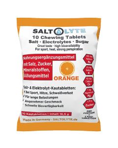 SALTOLYTE 10 Chewing Tablets Orange im Sachet. Wohlschmeckende Kautabletten mit Salz, Elektrolyten und Zucker zur Wettkampf- und Trainings-Versorgung - Made in Germany!