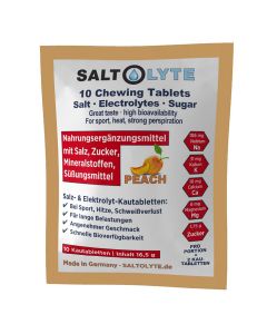 SALTOLYTE 10 Chewing Tablets Peach im Sachet. Wohlschmeckende Kautabletten mit Salz, Elektrolyten und Zucker zur Wettkampf- und Trainings-Versorgung - Made in Germany!