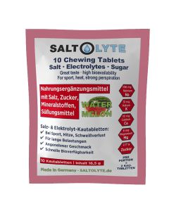 SALTOLYTE 10 Chewing Tablets Watermelon im Sachet. Wohlschmeckende Kautabletten mit Salz, Elektrolyten und Zucker zur Wettkampf- und Trainings-Versorgung - Made in Germany!